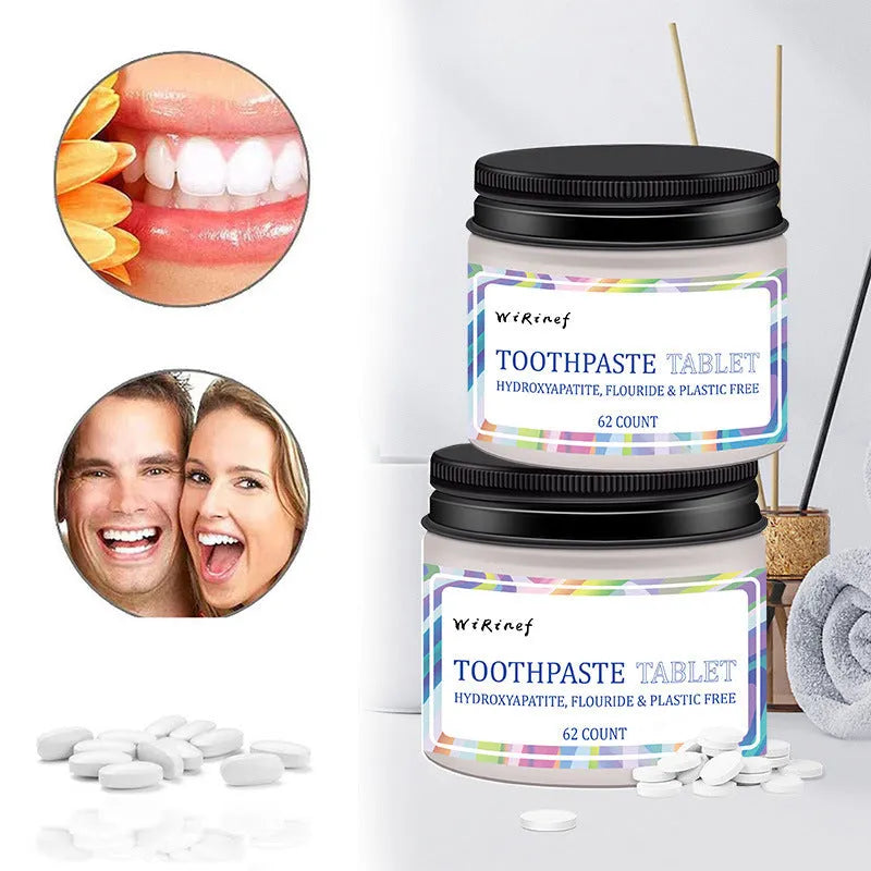 Pack of 62 white solid toothpaste tablets with mint flavour for portable chewing oral care