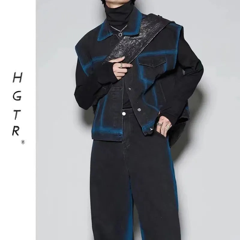 Blue distressed fleece-lined vest and matching jeans suit for men on a hanger.