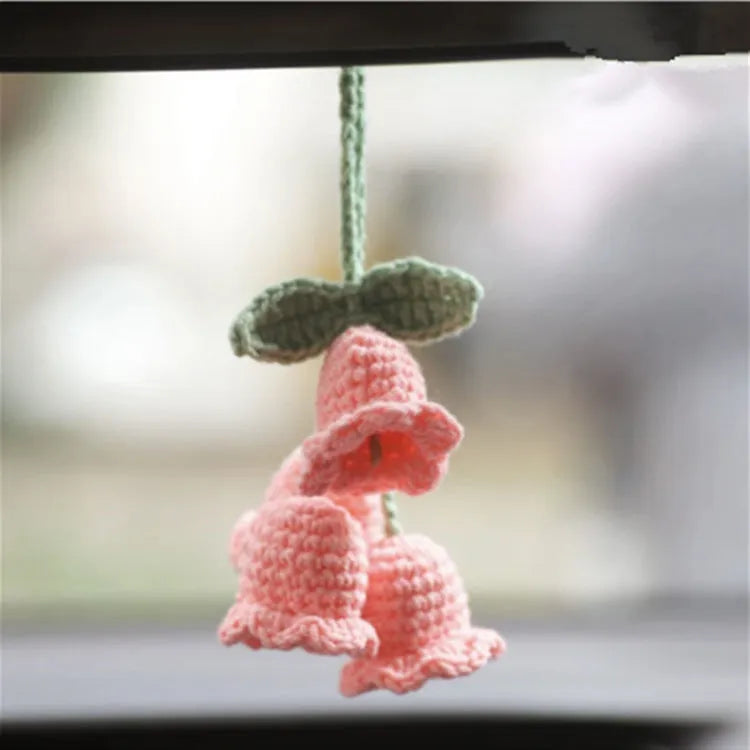 Green and white knitted wool macramé car air plant holder with hanging cord