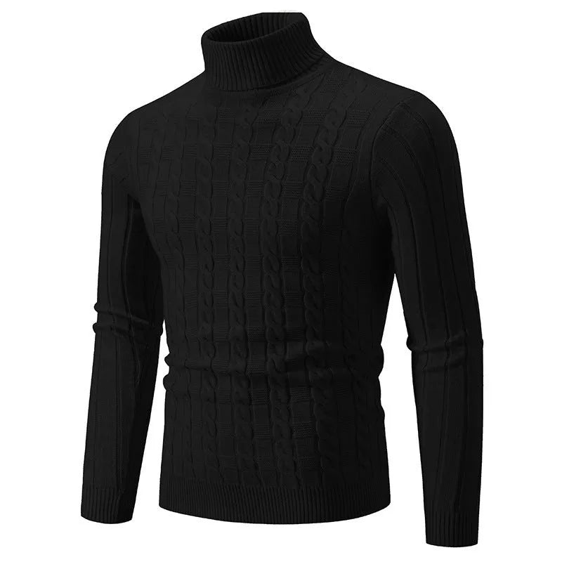 Man wearing a milky white slim-fit twist design turtleneck pullover made of chenille fabric.