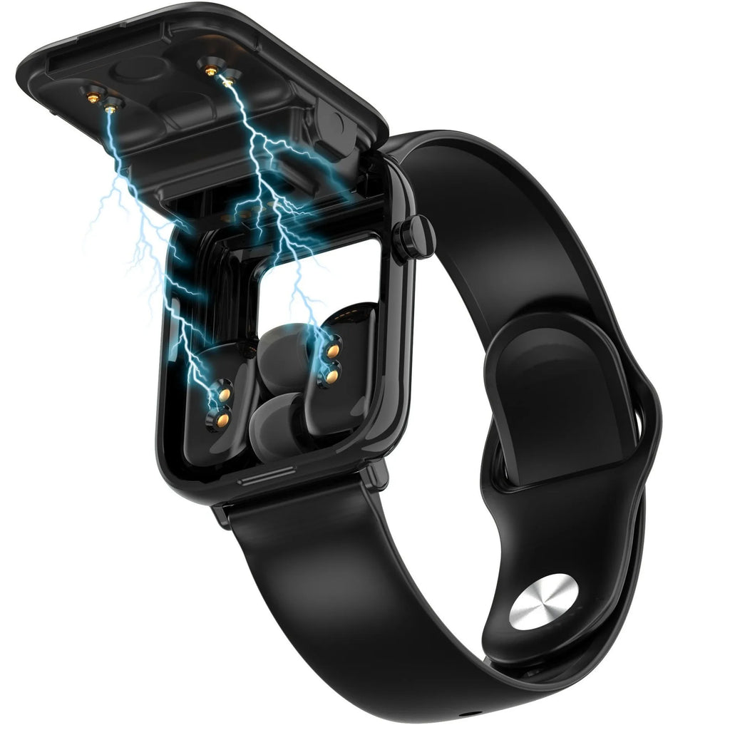 Black zinc alloy smartwatch with touch screen next to its wireless Bluetooth earbuds and charging case.