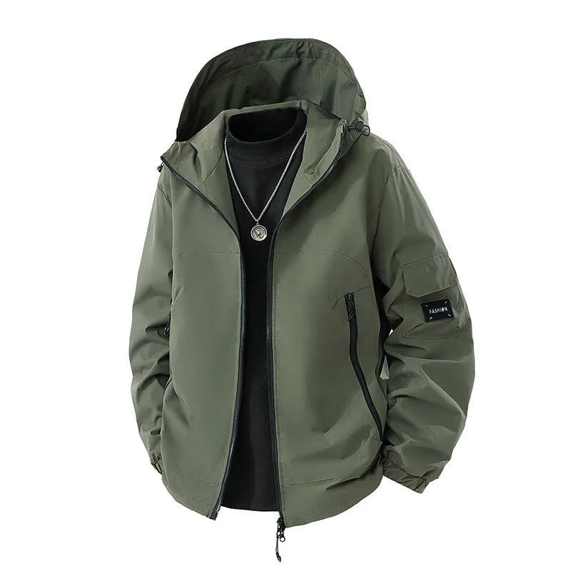 Brand loose cargo windproof jacket in black polyester, cardigan style, size M, with zip front and pocket details