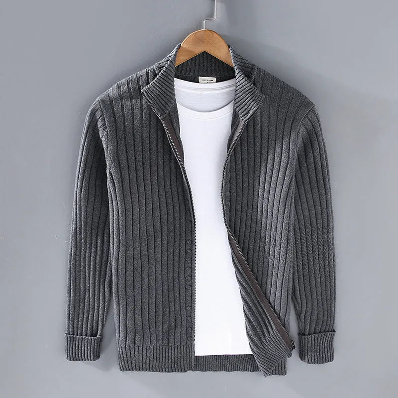 Men's cotton loose fit sweater coat in carbon gray on a plain background