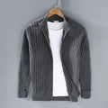 Men's cotton loose fit sweater coat in carbon gray on a plain background