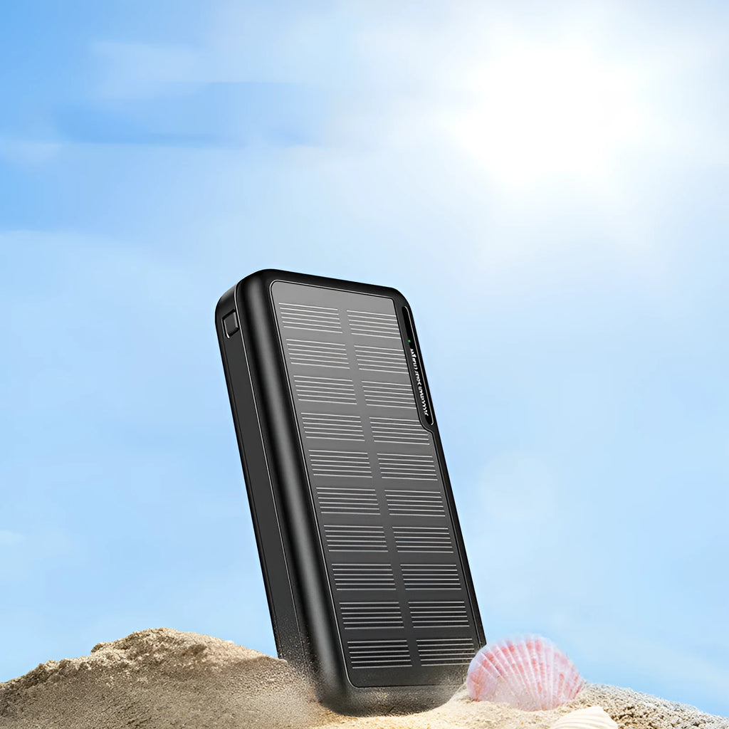 30000mAh all black portable power bank with solar panel, 142x69x29mm