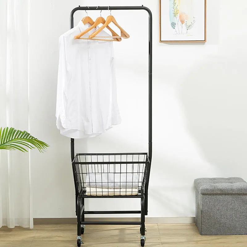 White iron single rod pulley storage car with clothes hanger on a wardrobe rail.