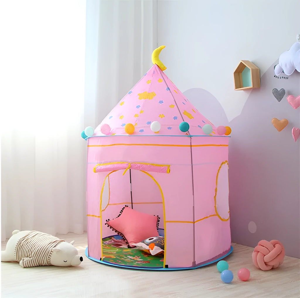Children's toy tent made of polyester cloth with fiber rod frame, 105cm diameter, 135cm height, in a home playroom