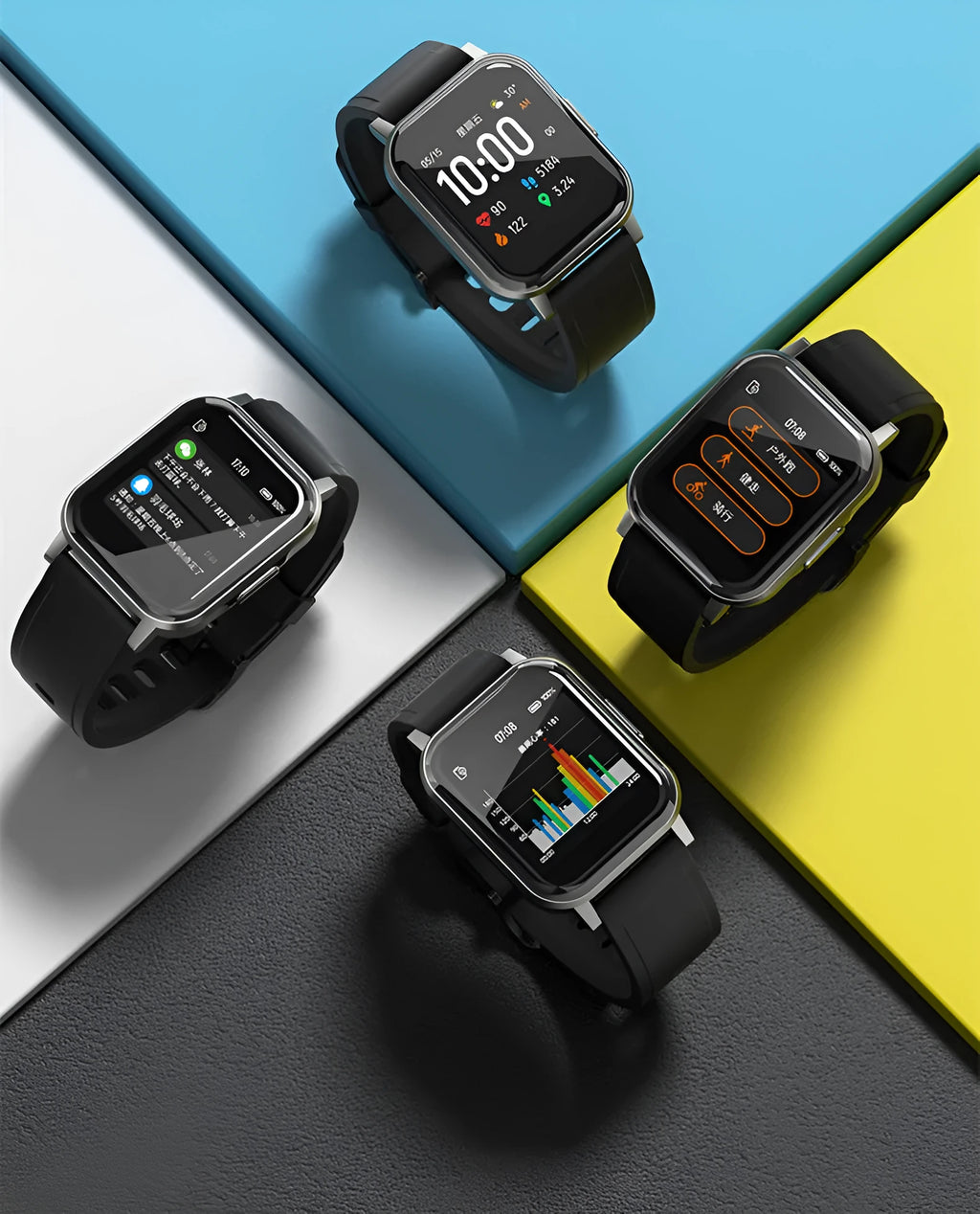 Black waterproof smart bracelet with 1.4 inch screen and silicone strap showing heart rate data