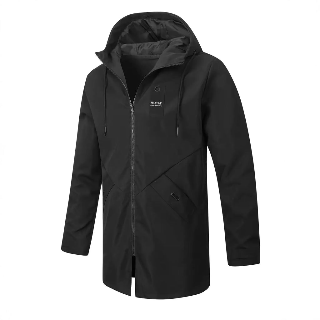 Men's mid-length hooded shell jacket in grey polyester fibre with long sleeves and windproof design