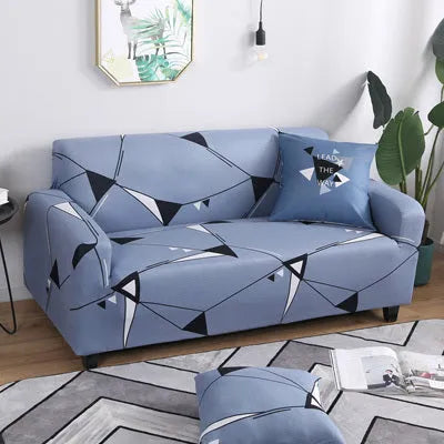 Printed geometric stretch sofa slipcover fitted on a three-seater sofa