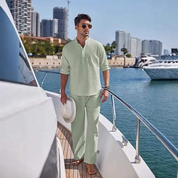 Men's cotton casual suit set in solid colour with long sleeves and trousers for spring and autumn leisure wear