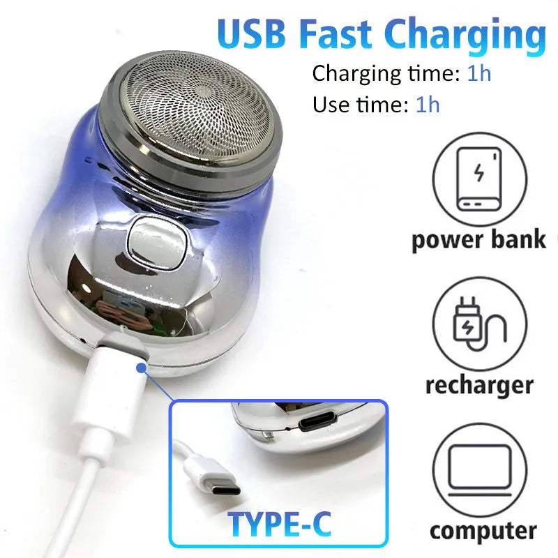 Mini portable USB electric shaver in silver with rotary head, aluminium body, and IPX7 wet and dry use