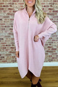 Women's solid colour loose fit knitted dress with raglan sleeves and a zip detail.