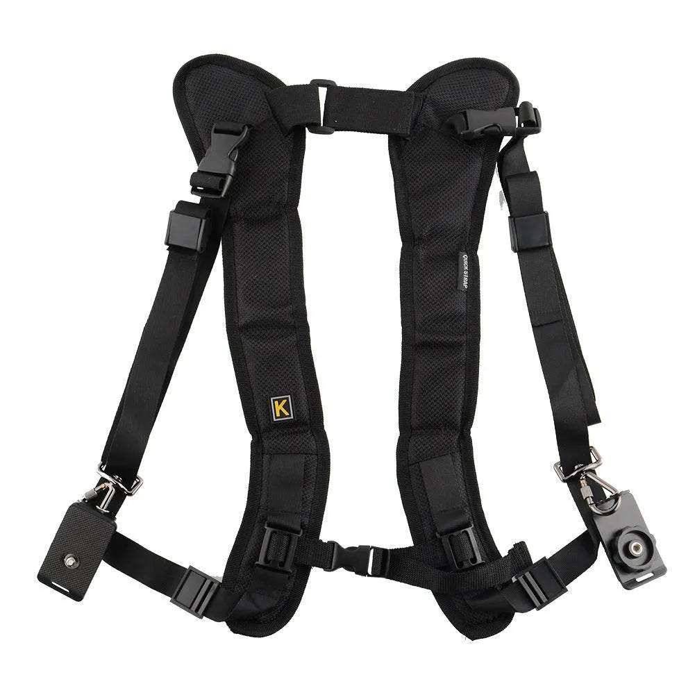 Black professional dual SLR camera strap made of diving fabric nylon with ergonomic shoulder pads for two cameras