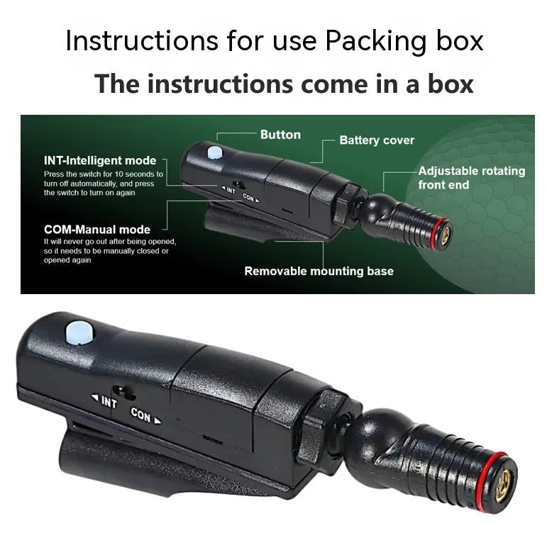 Golf putter laser aiming instrument showing laser sight, zipper box, and tripod style options.