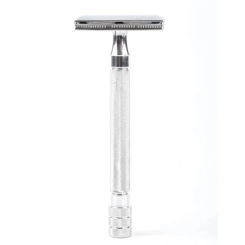 Traditional manual shaving metal scraper and brush set in black or silver for wet shaving