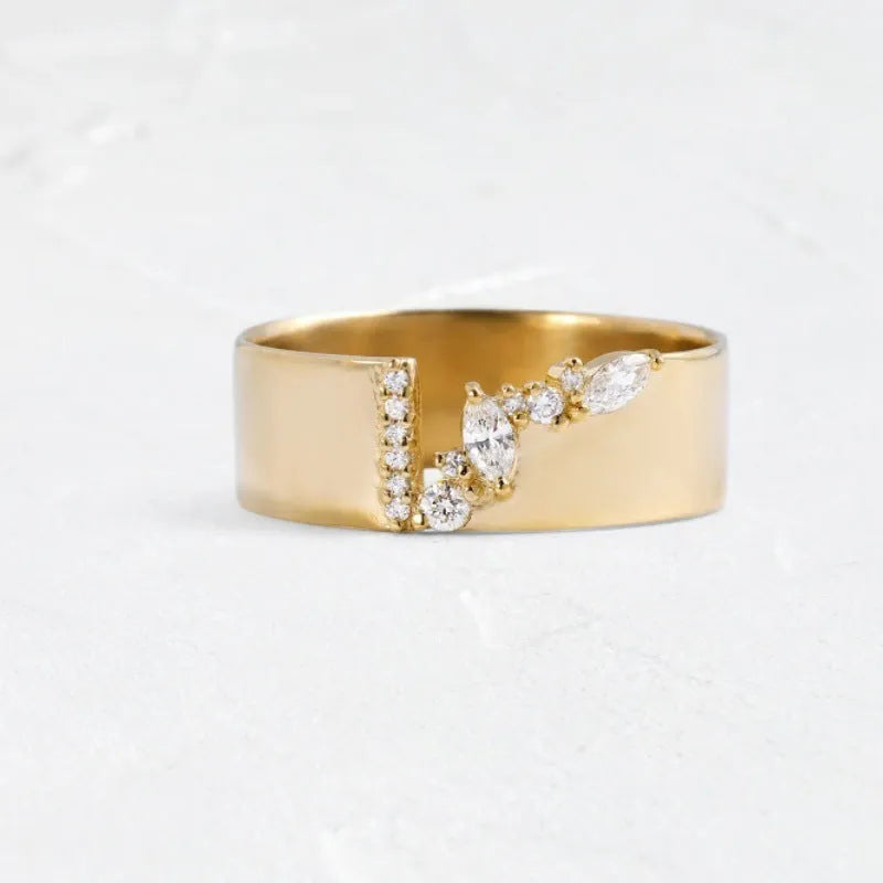 Gold-colour women's ring with zircon detailing showing electroplated finish and sizing options