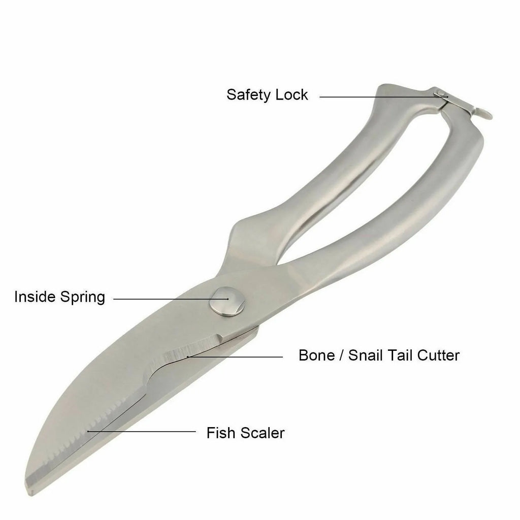 Silver whole stainless steel kitchen shears, 25cm x 4.5cm with 9cm blade, serrated edge and locking handle.