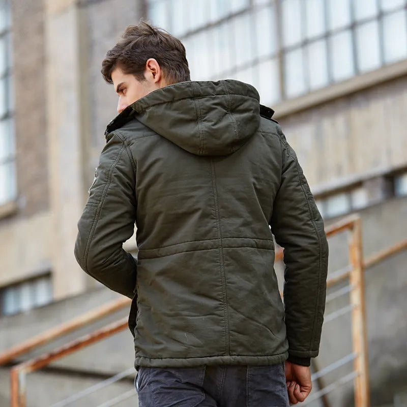 Men's hooded zip-up cotton jacket in khaki, thick winter casual style, medium length, sizes M to 4XL