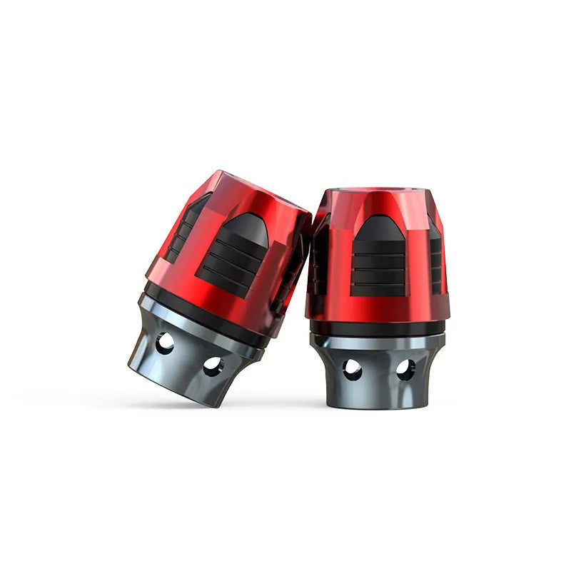 Pair of anodised aluminium alloy fork cups for electric car and motorcycle front axle.