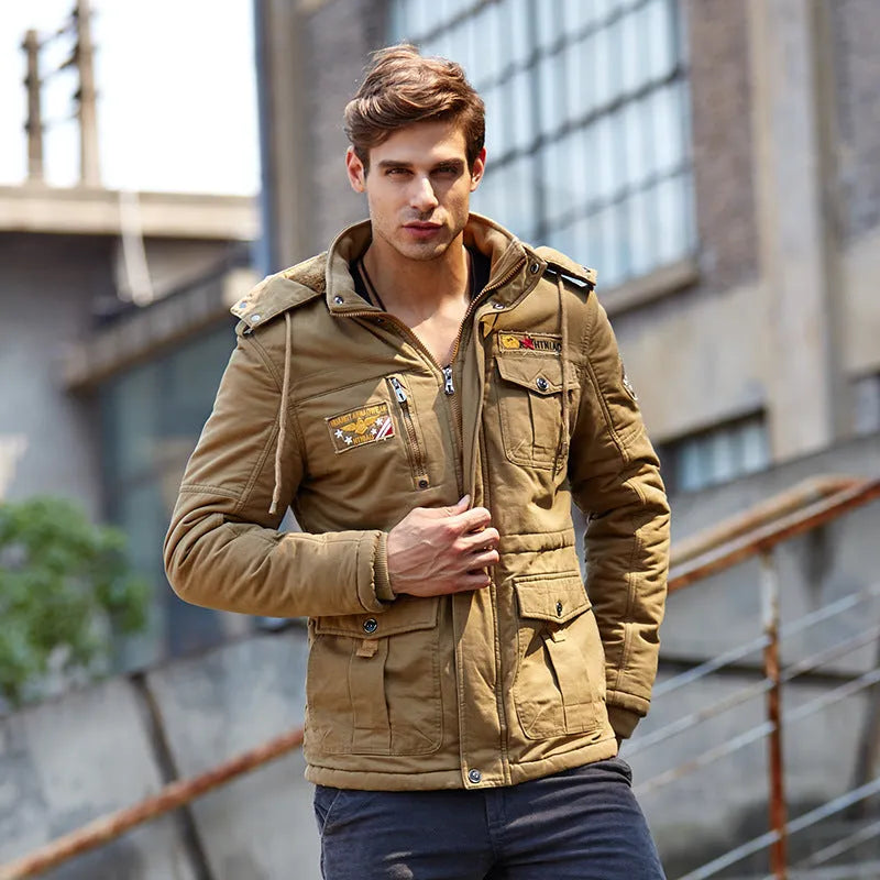 Men's hooded zip-up cotton jacket in khaki, thick winter casual style, medium length, sizes M to 4XL