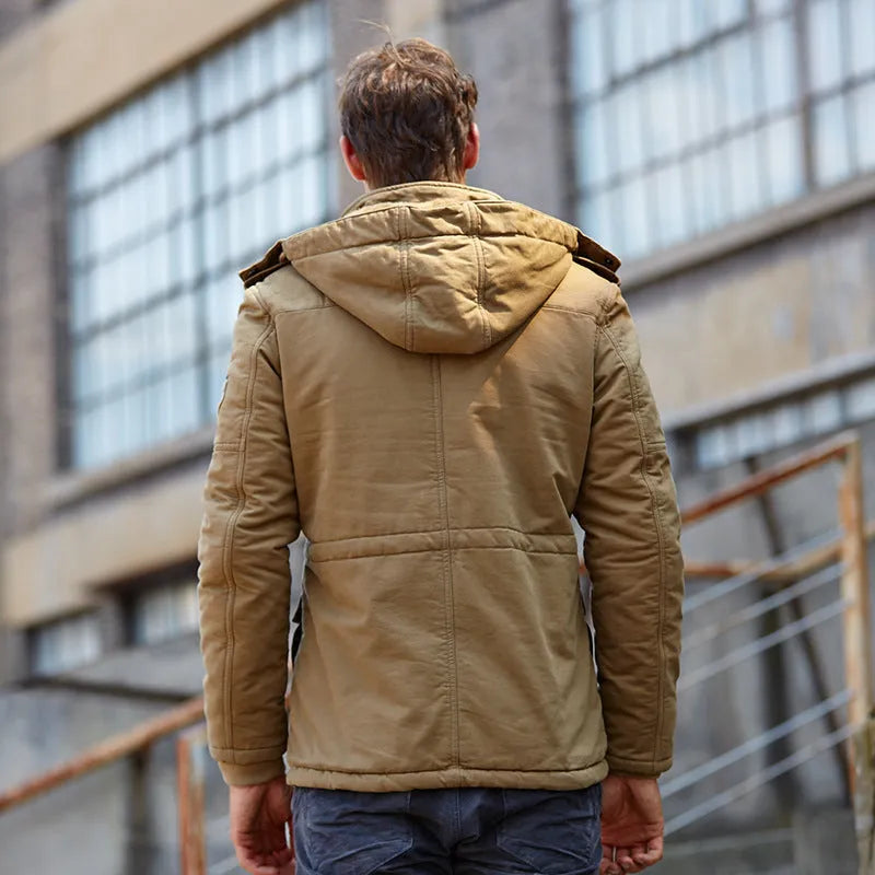 Men's hooded zip-up cotton jacket in khaki, thick winter casual style, medium length, sizes M to 4XL