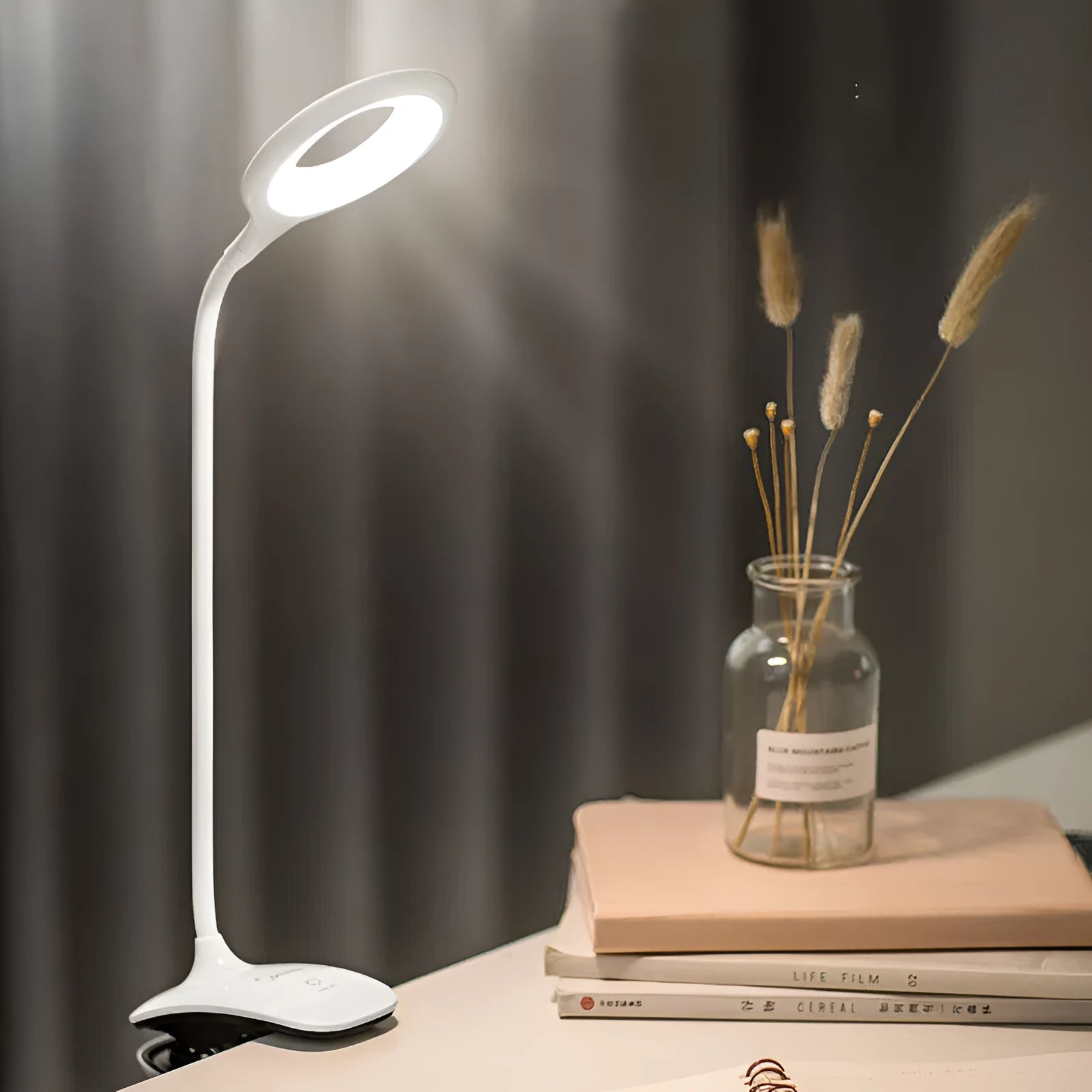 Green USB rechargeable touch control LED table lamp on a wooden desk
