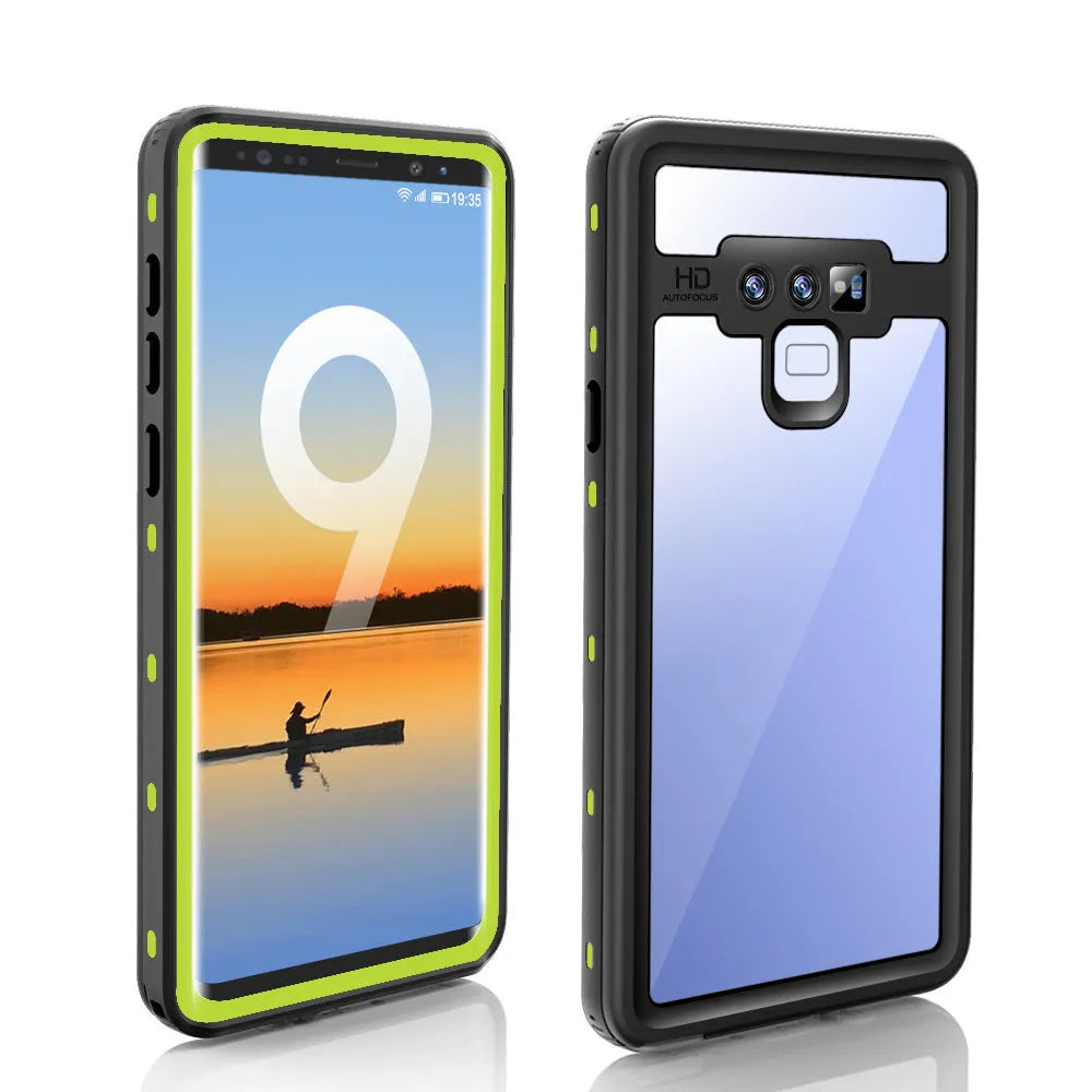 Transparent Samsung Galaxy phone case with IP68 waterproof and shockproof protection in light blue colour