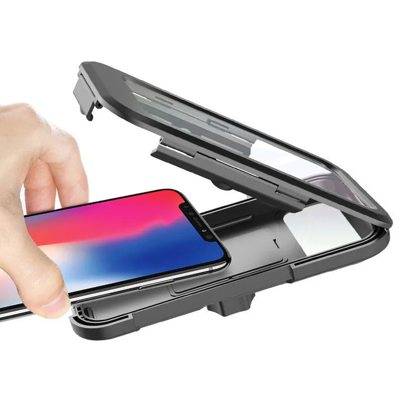 Black waterproof bike phone holder mount with magnetic suction for 4 to 6.7 inch phones on handlebar