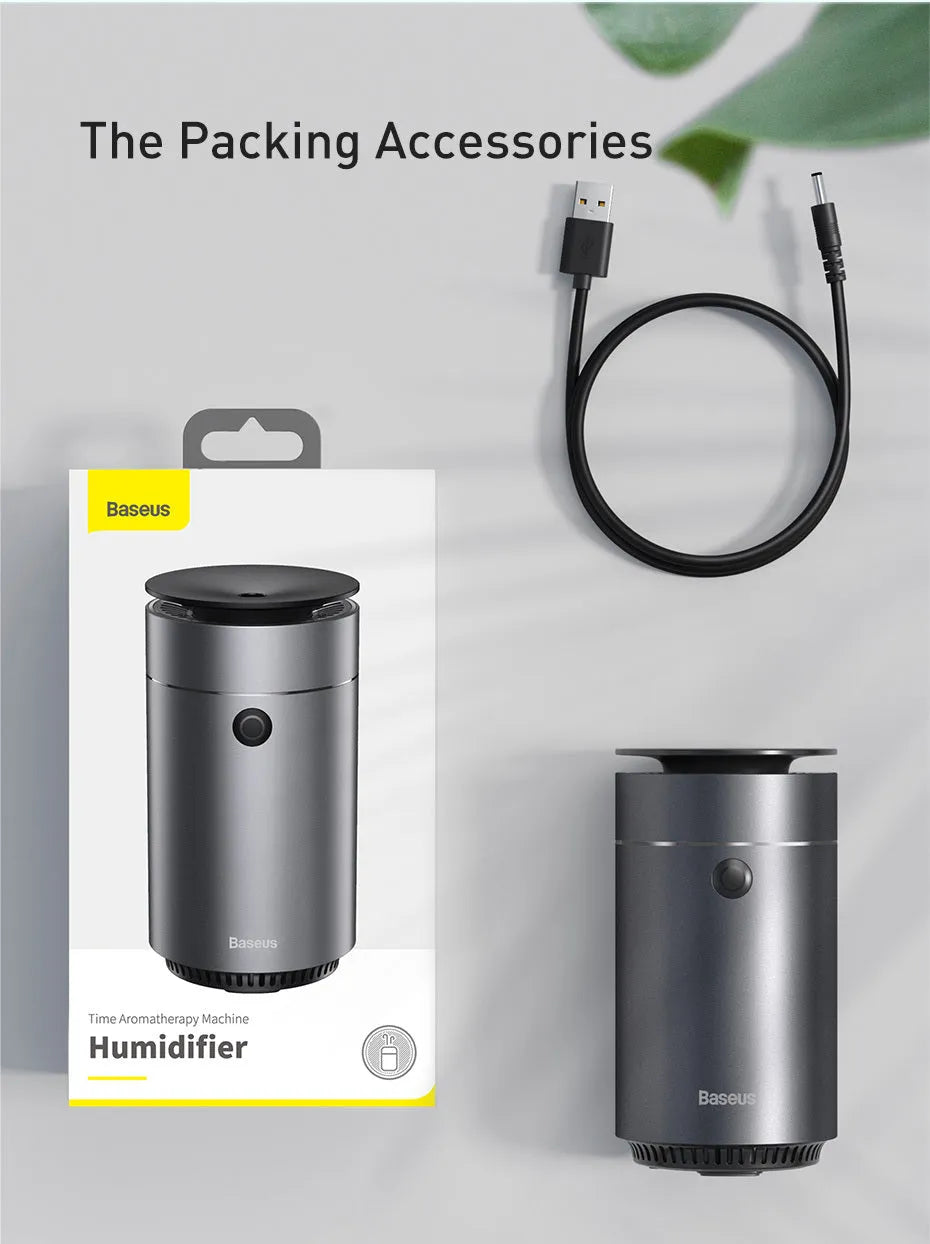 12V metal car air purifier in grey or silver, designed for in-car use