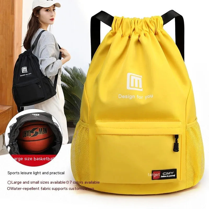 Unisex foldable Oxford drawstring backpack in multiple colours, showing large main compartment and shoulder straps.