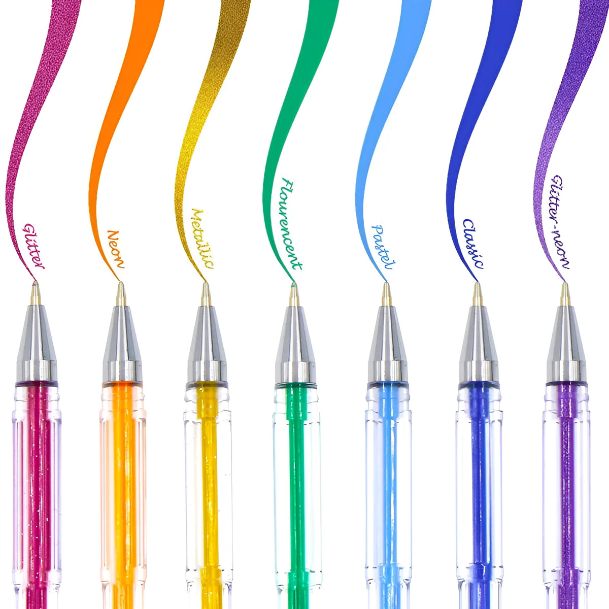 Set of 100 assorted colour gel watercolour pens with highlighter tips, showing plastic barrels.