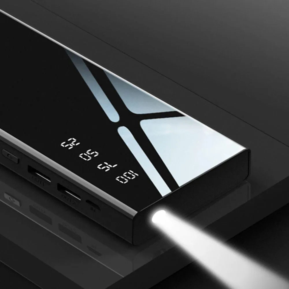 20000mAh power bank with LCD display showing battery percentage and dual USB ports