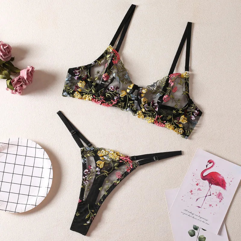 Floral pattern bra with steel ring T-back in polyester mesh fabric available in five colours
