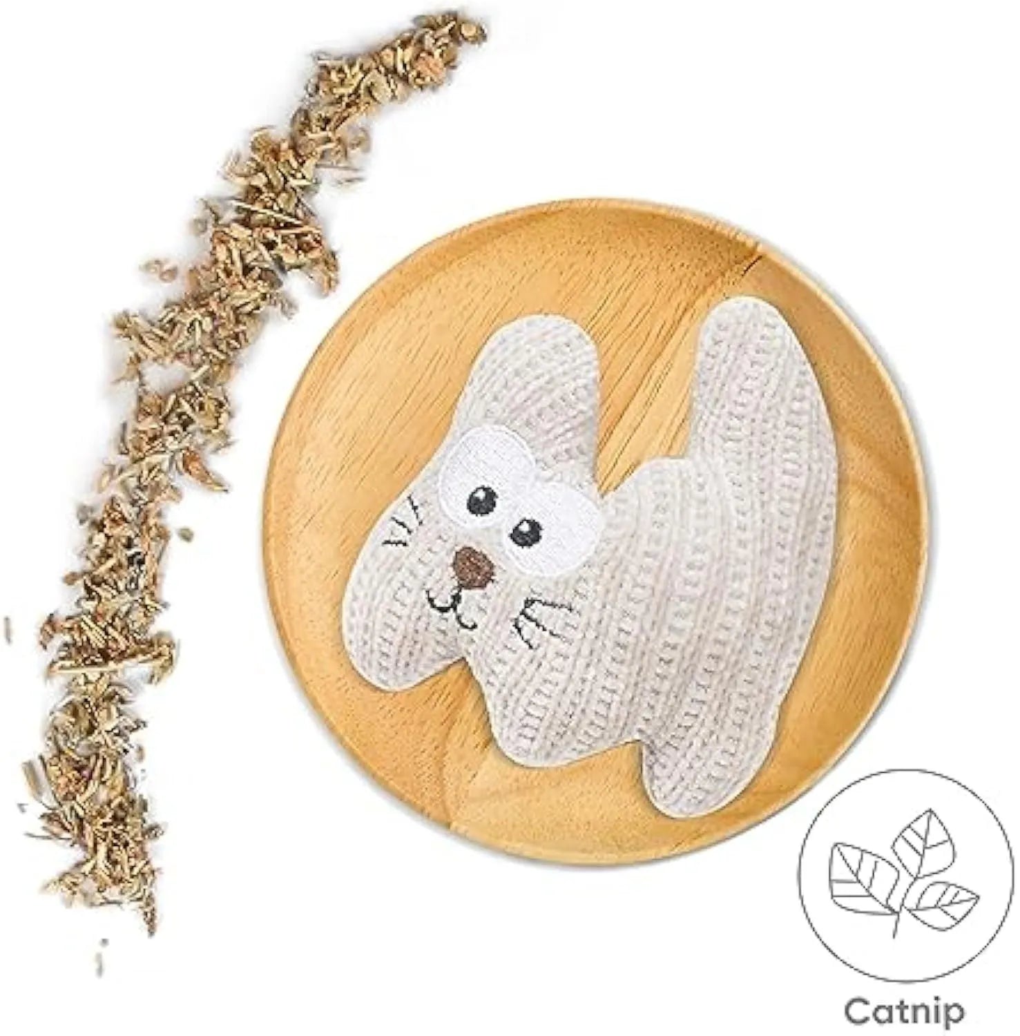 Cyan plush cat toy with a rope tail and bell, shown next to a light coffee coloured version.