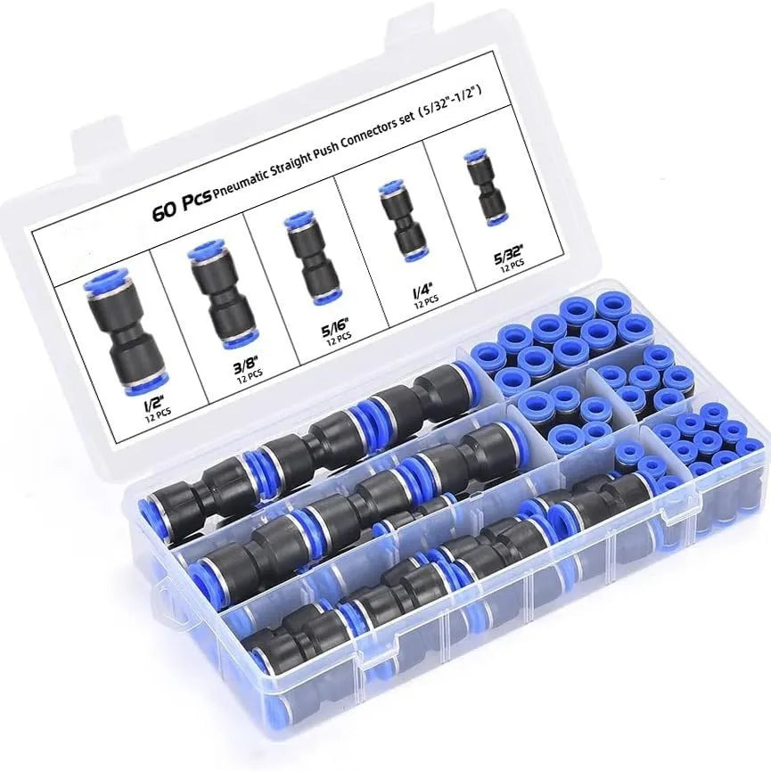 60-piece pneumatic push-in connector kit showing alloy plastic fittings with R1/4 and R1/2 threads