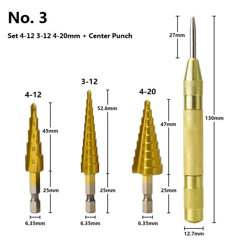 Cone drill bit punch set with high-speed steel step drills and centre punch in colour-coded options