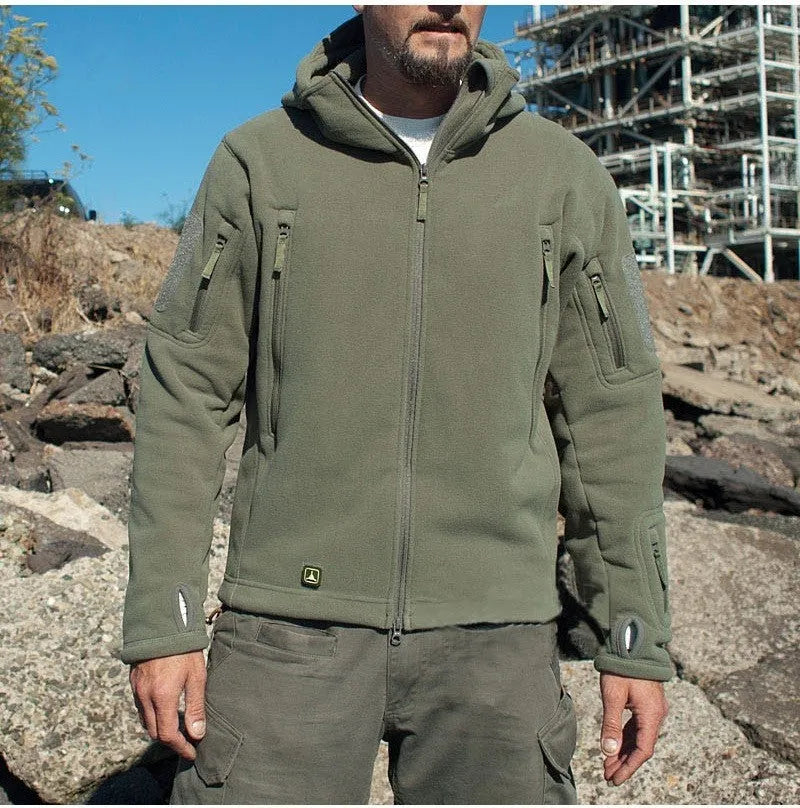 Men's military tactical hooded soft shell jacket in polyester cotton, Army Green, sizes S to 2XL