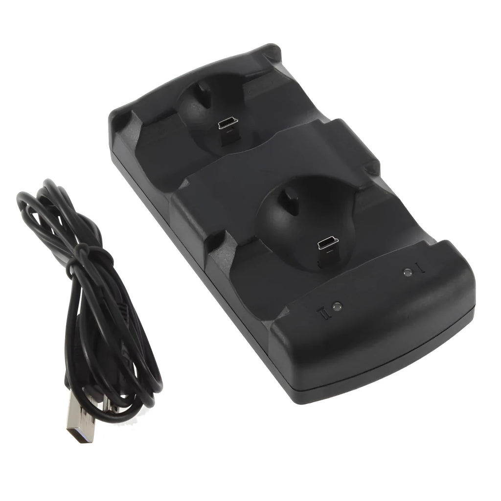 Black PS3 dual controller charging dock with two controller bays and USB cable