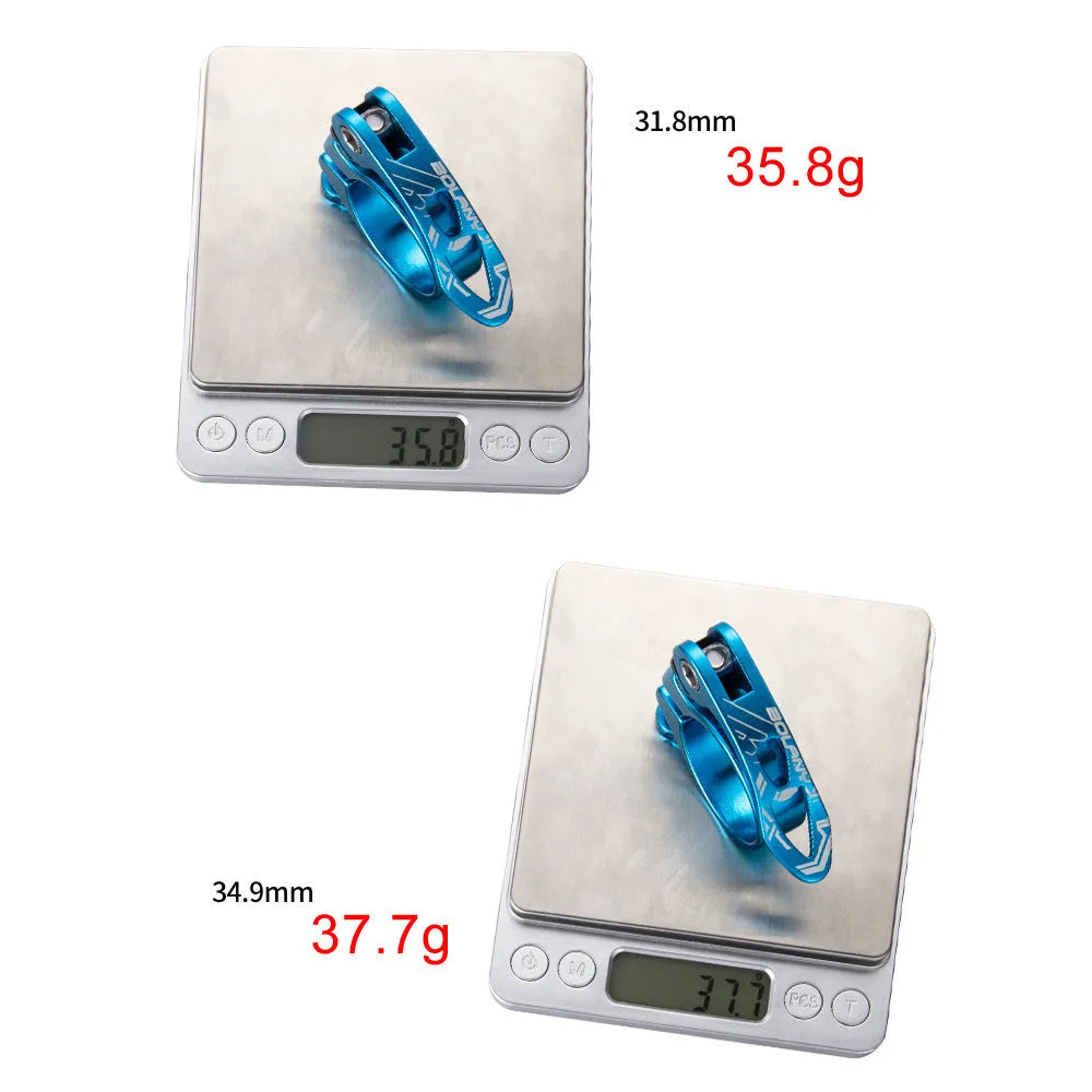 Aluminium mountain bicycle seat post clamp in black, blue, gold, or red, showing 31.8mm and 34.9mm size options.