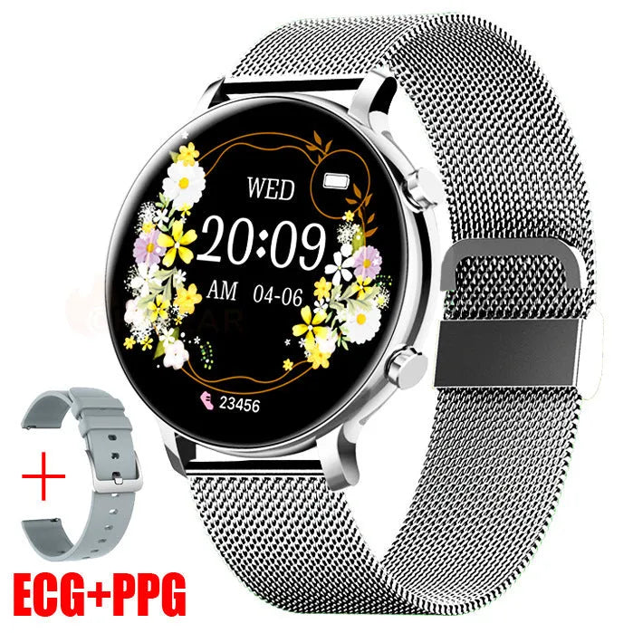 Bluetooth smartwatch with stainless steel strap on wrist, showing call and heart rate interface.