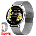 Bluetooth smartwatch with stainless steel strap on wrist, showing call and heart rate interface.