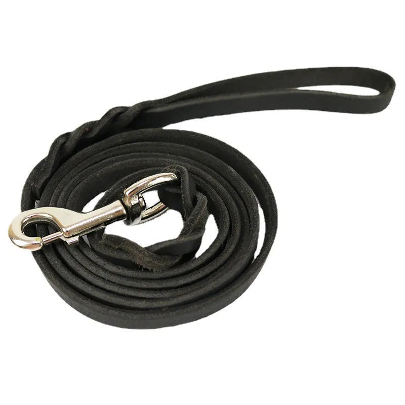 Cowhide leather dog walking lead in black or light brown, 120cm to 260cm long and 1.2cm wide.