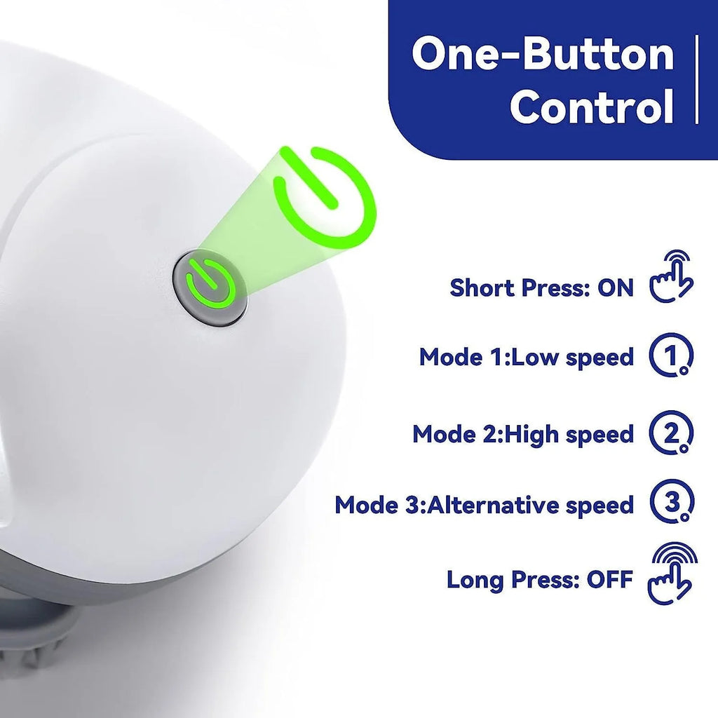 Blue handheld electric pet massager with four rotating heads on a white background.