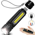 Black aluminium alloy multifunctional LED flashlight with T6+COB light source, magnet base, and rechargeable 18650 battery
