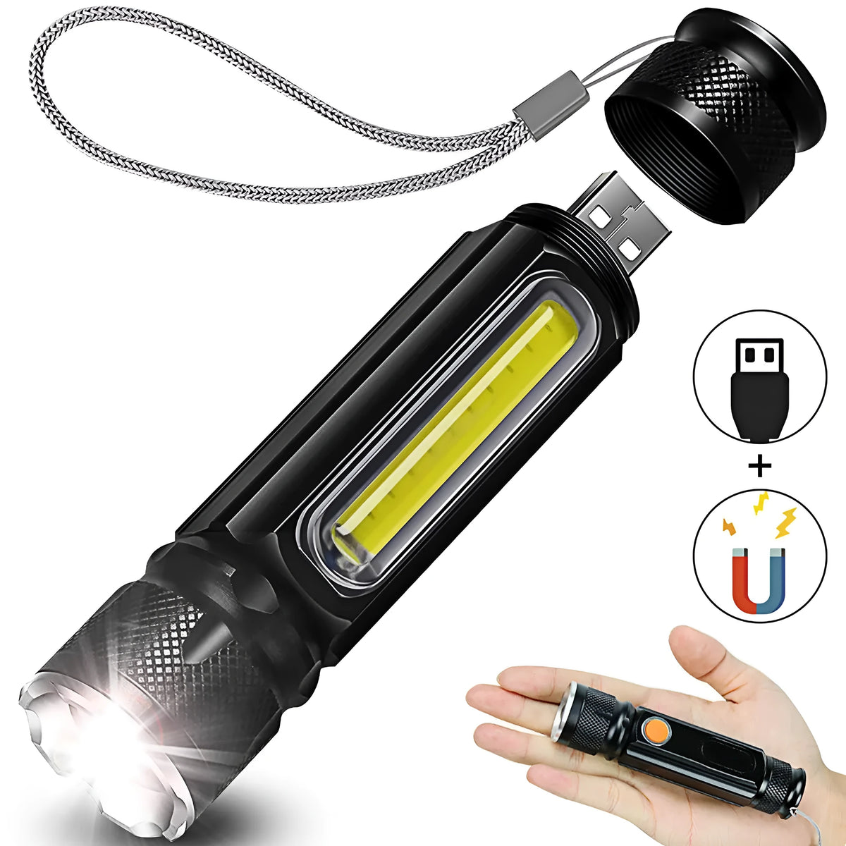 Black aluminium alloy multifunctional LED flashlight with T6+COB light source, magnet base, and rechargeable 18650 battery