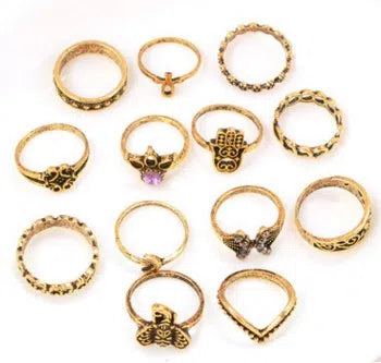 Boho vintage alloy rings set with artificial gemstone inlay in ancient silver or ancient gold
