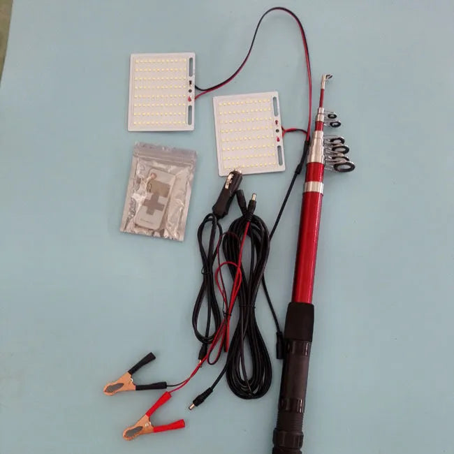 White LED fishing rod light with telescopic pole extended to 5 metres showing remote control