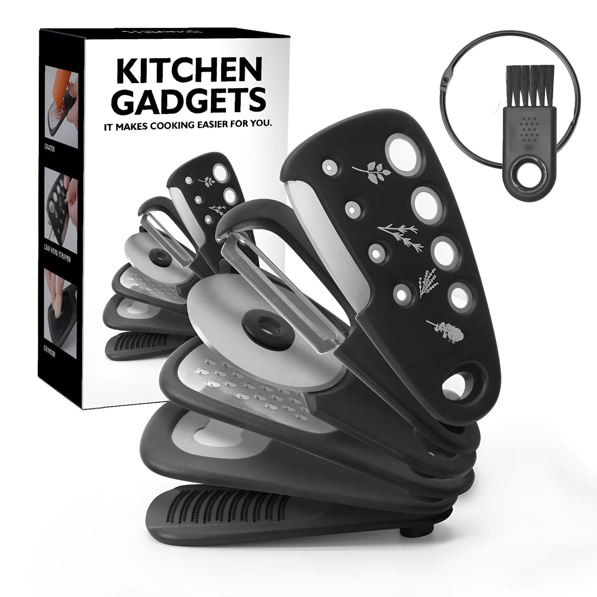 Six kitchen gadgets including wire whisk, dough scraper, potato peeler, garlic press, pizza cutter and bottle opener in colour box packaging