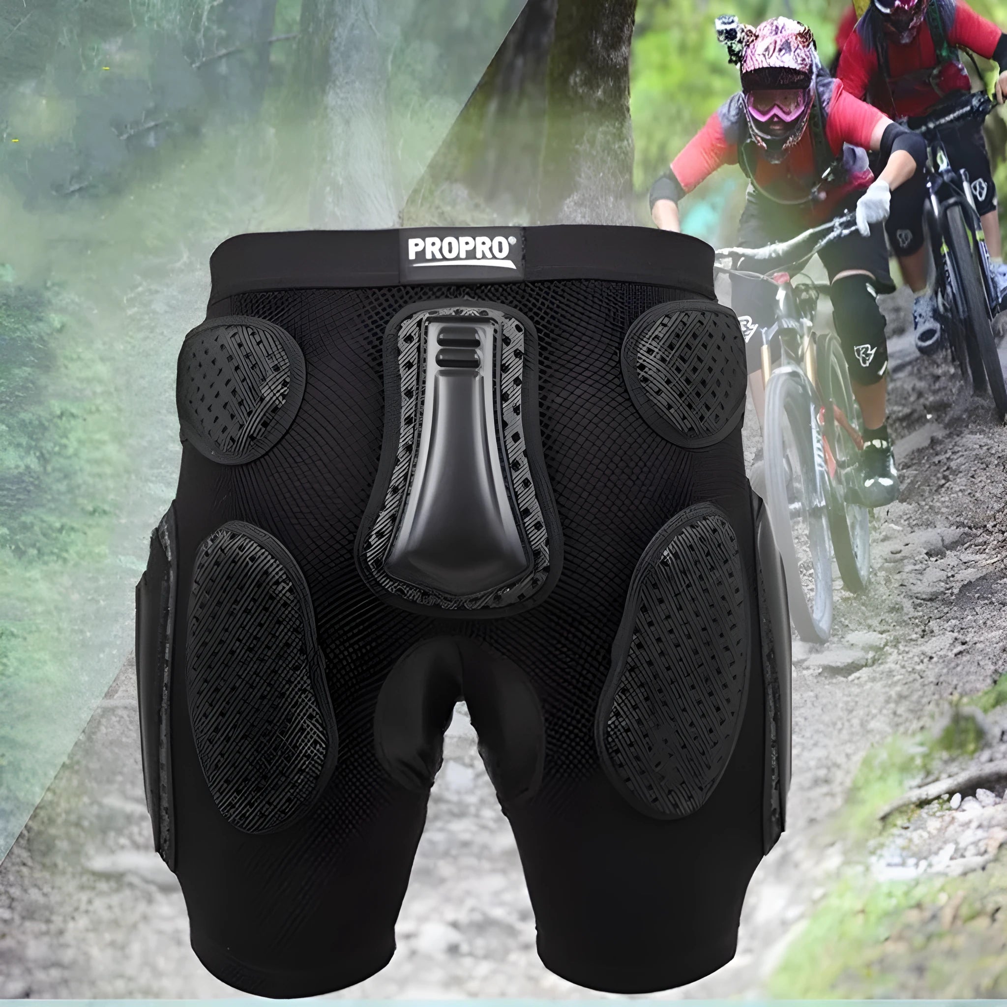 Black cycling hip protection pants showing padded hip area, sizes S M L XL available